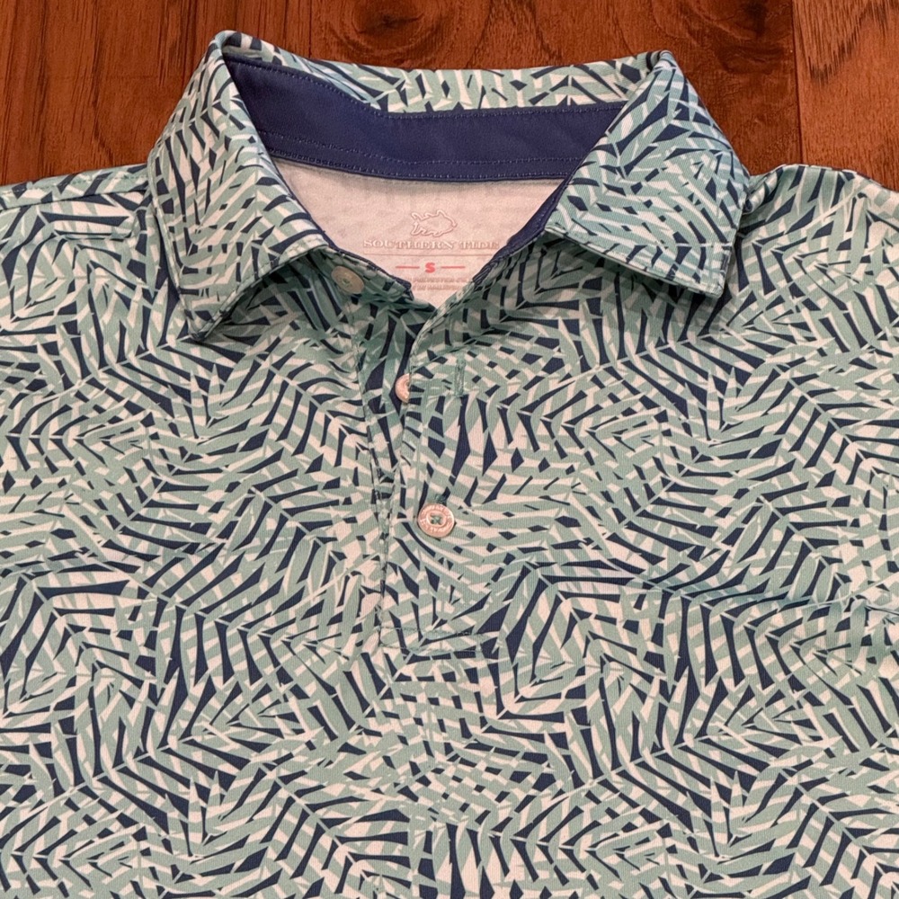 Southern Tide Mens Teal Blue Palm Leaf Print Performance Polo Shirt Small